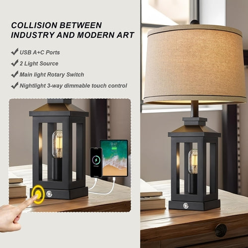 Retro Tischlampen Set Schwarz – Touch-Funktion & USB-Ladeports