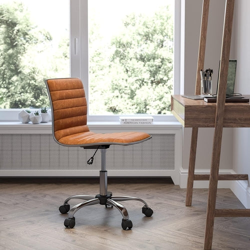 Bürostuhl Braun Vinyl – Chrom-Gestell, Armlehnenlos