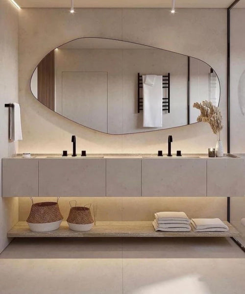 Asymmetrical Wooden Framed Wall Mirror - Modern Dressing Mirror for