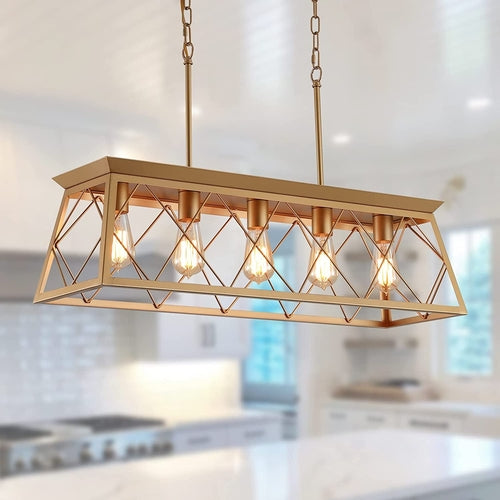 Gold 5 Light Farmhouse Chandelier Linear Ceiling Light
