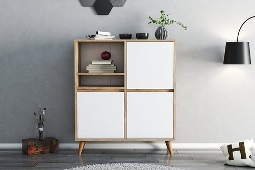 Mehrzweckschrank Weiß Holz – 3 Türen & offenes Regal
