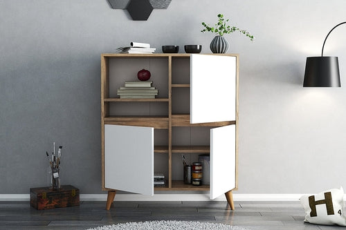 Mehrzweckschrank Weiß Holz – 3 Türen & offenes Regal