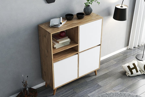 Mehrzweckschrank Weiß Holz – 3 Türen & offenes Regal