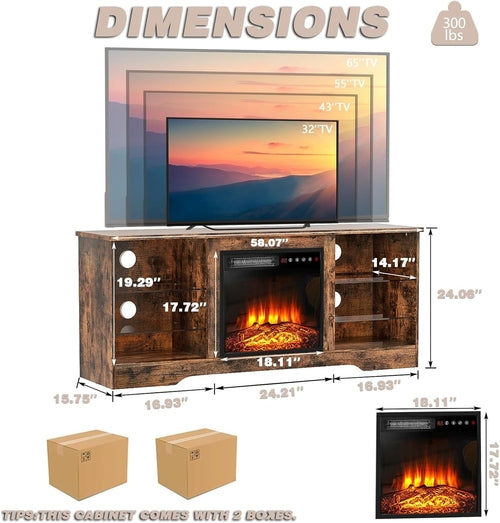 TV-Schrank 147 cm mit Elektrokamin & LED für TVs bis 165 cm