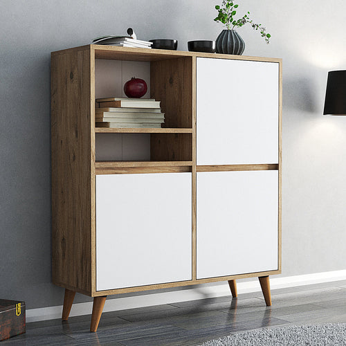 Mehrzweckschrank Weiß Holz – 3 Türen & offenes Regal